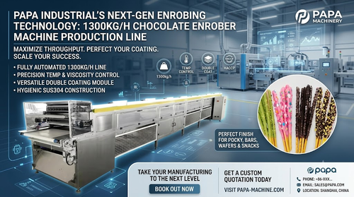 Ultime notizie aziendali su Papa Industrial Launches High-Capacity 1300kg/h Double Coating Chocolate Enrober Machine Line